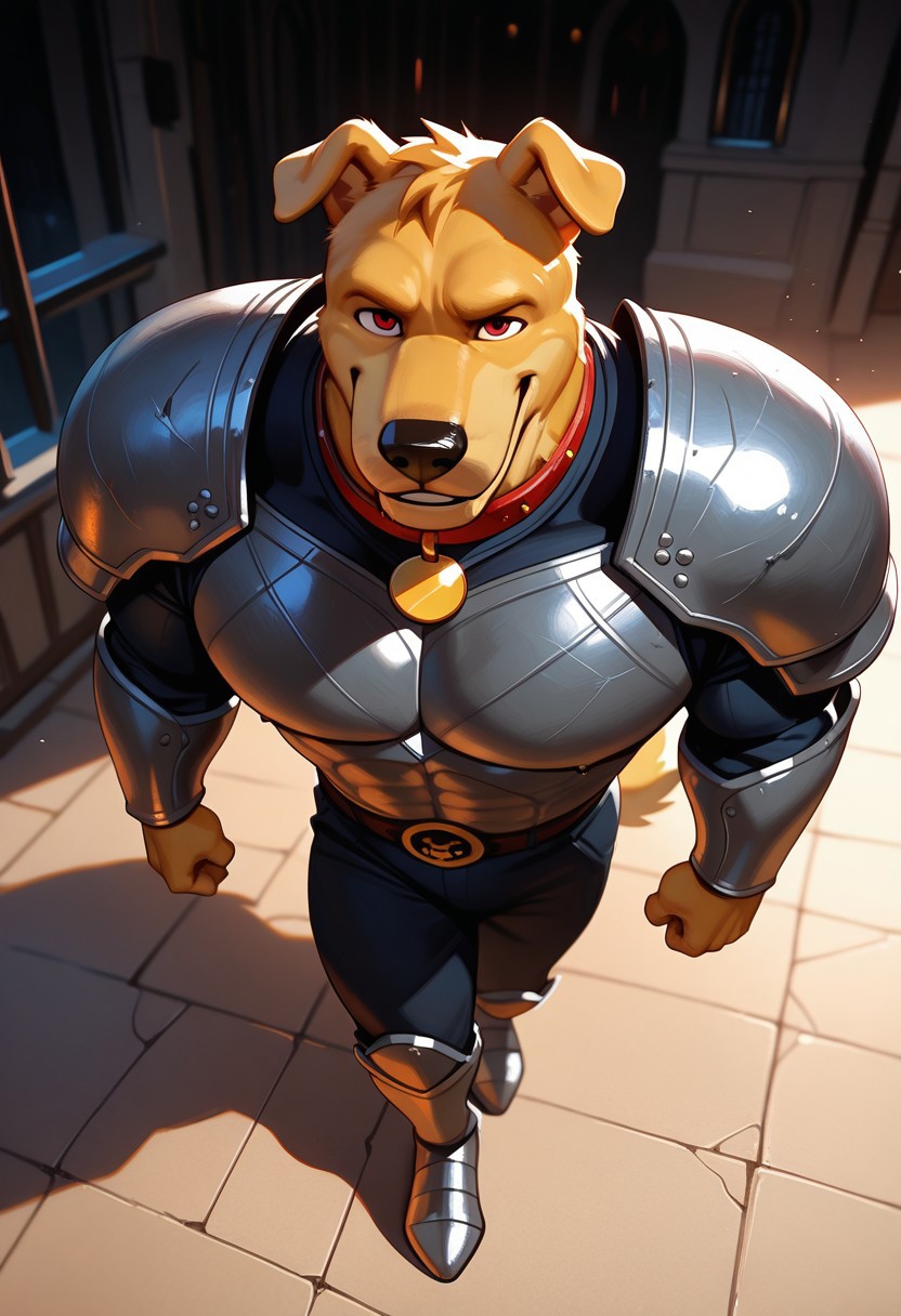 <lora:HunterV1:1>, hunter, golden retriever, golden fur, red eyes, furry, furry male, muscular, toned buttocks, large pectorals, 1boy, solo, perfect anatomy, BREAK masterpiece, masterwork, hyper-detailed, HD, detailed eyes, highres, beautiful, amazing quality, best quality, very aesthetic, cinematic lighting, digital media, soft shading, dynamic angle, detailed background, armor, collar, pose, posing, smile, full body, close-up, from above, face focus, portrait