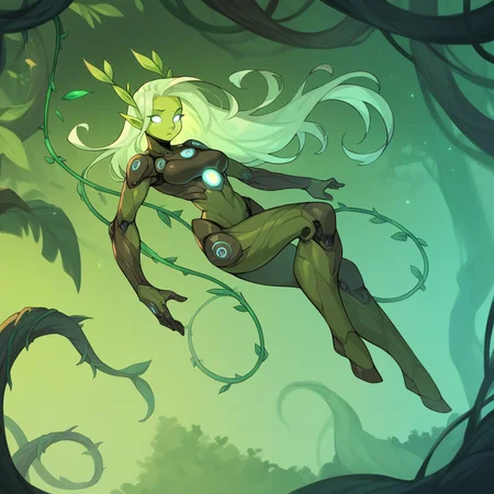 score_9, score_8_up, score_7_up, score_6_up, score_5_up, score_4_up, BREAK, 
elemental \(creature\), 1girl, solo, dryad, green skin, cybernetic vines, glowing eyes, futuristic, nature spirit, holographic leaves, floating, sci-fi forest, neon, mystical, advanced technology, serene, ethereal, hybrid, long hair
<lora:elementals_v2:1>
