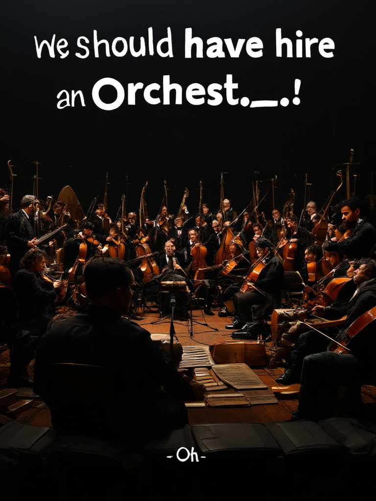 real, realistic, cinematic realism.
a full orchestra in a dark room, at least 20 members playing various impossible instruments like table legs and old boots and washboards.

the top center has white caption text displayed "we should have hired an orchest-... oh."
