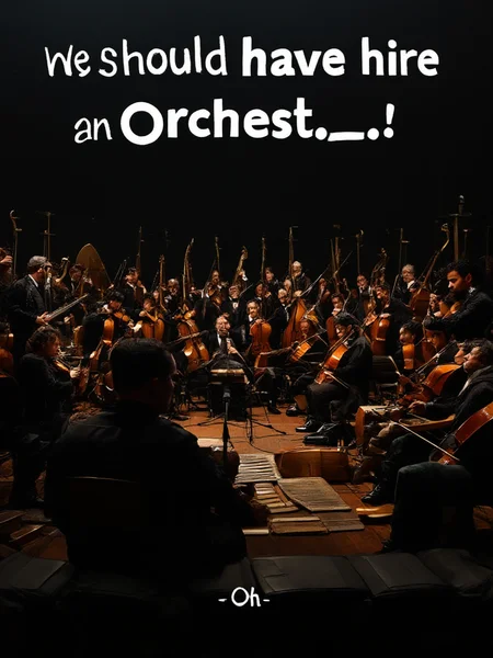 real, realistic, cinematic realism.
a full orchestra in a dark room, at least 20 members playing various impossible instruments like table legs and old boots and washboards.
the top center has white caption text displayed "we should have hired an orchest-... oh."
