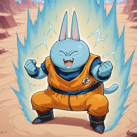 2d, Nekomajinz, cat, no nose, blue fur, eyes closed, tail, solo, male, 1boy

BREAK dougi, orange tank top, blue undershirt, blue short sleeves, blue sash belt, orange pants, blue wristbands, blue and red shoes, supersaiyanaura, power, aura, sharp aura, fists, open mouth smile, electricity, squatting, 

BREAK, best quality, amazing quality, very aesthetic, absurdres, newest, masterpiece, outside, outdoors, sand, desert, rocks, from above