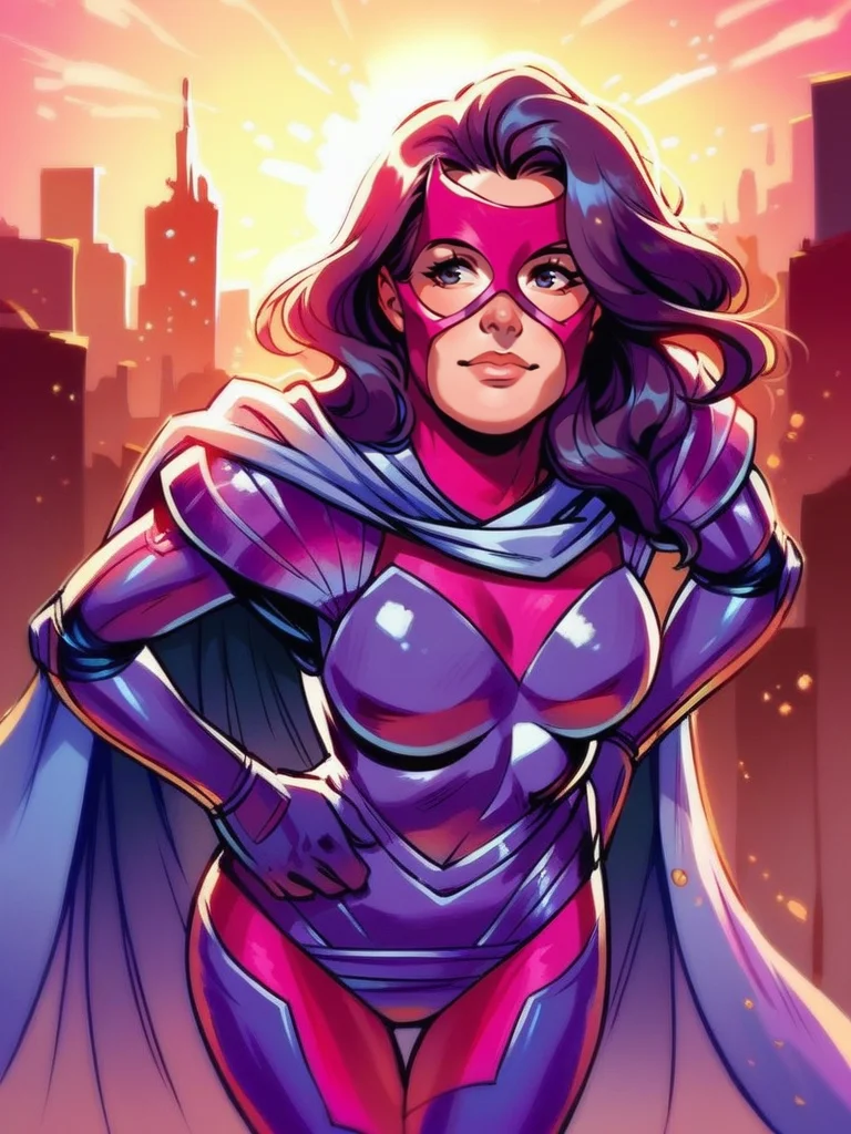 score_9, score_8_up, score_7_up, 1girl, leaning forward, cute pose, cowboy shot, (dynamic pose:1.1), dynamic angle, light smile, hands on hips, city, sunlight,
 <lora:BetsyBraddock80s_Character:1>BraddockClassic, mask, purple hair, long hair, cape, bodysuit, gloves, armor,