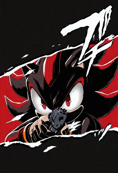 (masterpiece, detailed, best quality, newest, absurd res), c4r3l0ck, holding handgun, aiming, letterboxed, sound effects, style parody, cut-in, simple background, border, 1boy, solo, (shadow the hedgehog)