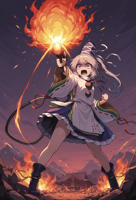 masterpiece, best quality, amazing quality, absurdres, colorful, very aesthetic, 1girl, solo, mononobe no futo, crazy eyes, tears, fearful, yelling, screaming, open mouth, (aiming upwards), flamethrower, holding flamethrower, charging massive fireball, charging flamethrower attack, standing on rubble, arson, burning buddhist temple