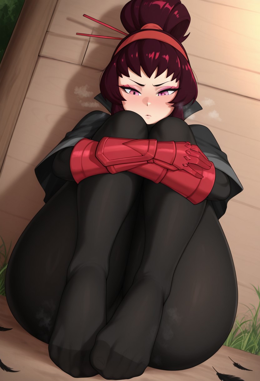 astroodragon,  outdoors, undershirt, falling feathers, black bodysuit, hair stick, hugging own legs, , gauntlets,   eyeshadow,   red gloves,  high ponytail,  , black capelet, red hairband, pink eyes, 1girl, solo, feet, visible breath,   dynamic angle, foreshortening, smell, steam,