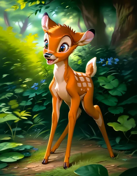score_9, score_8_up, score_7_up, score_6_up,
bambi, young, adult, no horns, deer, solo, ((Four legs,)) hyperdetailed, detailed fur, happy, forest,
<lora:add-detail-xl:0.8><lora:Bambi:1> <lora:Furry Enhancer 6.1:2>