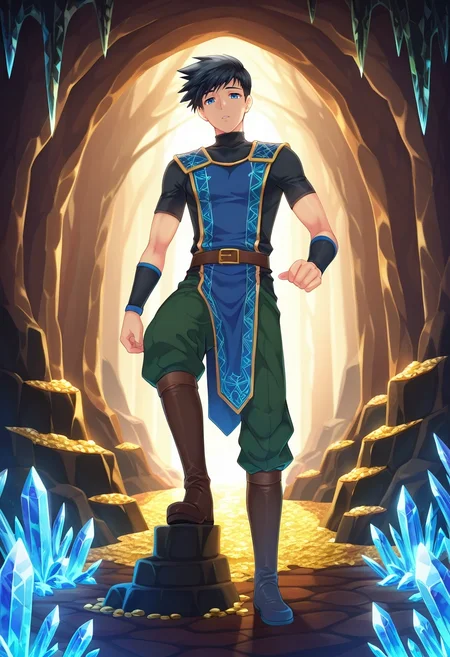 masterpiece, best quality, , semi-realistic, looking at viewer, , 1boy, solo, male focus, <lora:natsumi_hamasaki_ilxl:0.92>, natsumi_hamasaki, black hair, blue eyes, short hair, , dragon sanctuary, sleeping dragons, treasure hoard, crystal cave, careful stepping, quiet expression, warm lighting,