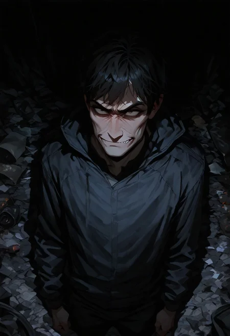 high res, absurdres, masterpiece, best quality, 1man, homeless, dark theme, majestic, angry inside, from above, trash, chaos, not smile, creepy, pressure, smirk , half face, blending, chaotic, gross, diffusion, delusional,