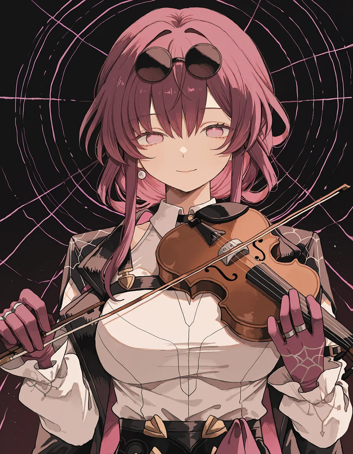masterpiece, best quality, newest, highres, absurdres, <lora:wasabi_natsume_style_r1:1>,wasabi_natsume_illu,abstract,surreal,kafka \(honkai: star rail\), 1girl, solo, instrument, eyewear on head, gloves, sunglasses, pink eyes, shirt, pink hair, white shirt, long hair, holding, looking at viewer, violin, holding instrument, smile, bangs, long sleeves, breasts, music