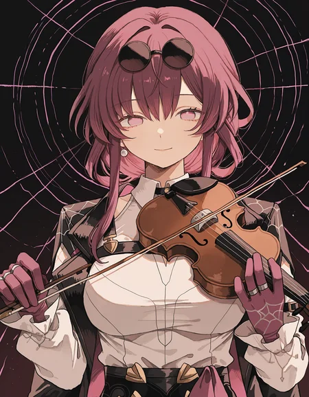 masterpiece, best quality, newest, highres, absurdres, <lora:wasabi_natsume_style_r1:1>,wasabi_natsume_illu,abstract,surreal,kafka \(honkai: star rail\), 1girl, solo, instrument, eyewear on head, gloves, sunglasses, pink eyes, shirt, pink hair, white shirt, long hair, holding, looking at viewer, violin, holding instrument, smile, bangs, long sleeves, breasts, music