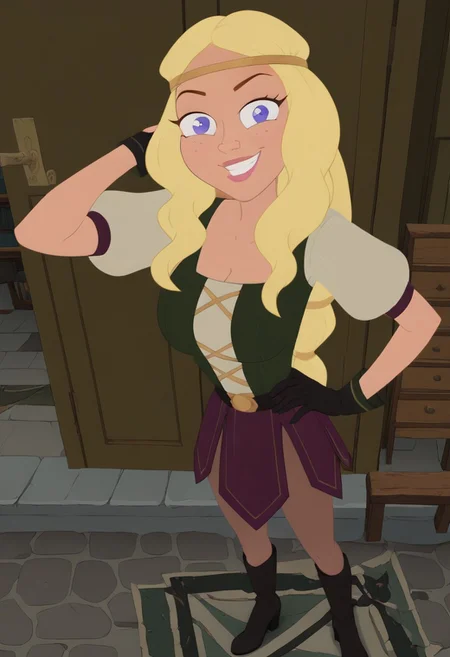 ((room background)),score_9, score_8_up, score_7_up,score_6_up, (detailed face and eyes:1)
1girl, solo, Veronica_MML, light skin, violet eyes, freckles, long hair, blonde hair, voluminous wavy hair, dark green bodice with gold lacing, under white short-sleeved tunic, black gloves, purple gladiator skirt, brown leggings, black knee-high boots, black waistband, gold headband, cute, tall, social smile, perfect eyes, perfect smile, looking at the viewer, detailed eyes, perfect eyes, standing, big breasts (front pose, front view, full body shot, high angle view:1) five fingers, perfect hands, (one hand on hip, one hand behind head)
