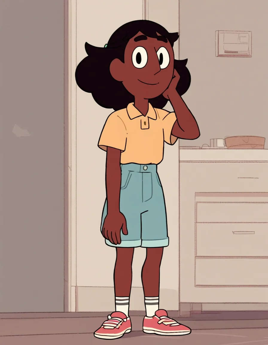 <lora:ConnieMaheswaranPony:1> Connie, solo, short sleeves, yellow shirt, tied hair, pink sneakers, denim shorts, black eyes, collared shirt, socks, standing, full body, 1girl, brown hair, dark-skinned female, score_9, score_8_up, score_7_up, score_6_up, score_5_up, score_4_up, looking at viewer, cowboy shot,smile, indoors, hand in own hair,