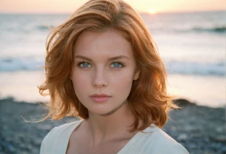 ((CinematicPortrait analog photo)) ginger woman outdoors, blue eyes, (seaside sunset), ((soft focus, depth of field, film grain, looking at viewer)) <lora:CinematicPortraitXL_v3:0.65>