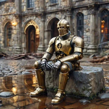 Masterpiece, DonMSt34mPXL, Realistic Lightning, Cinematic Lightning, Dark Lightning, Rain, Puddle, Clouded Sky, medieval, fantasy, pedestrians.
((((broken, depressed, abandoned, rusty, sitting, brass Clockwork Soldier, with human like face) leaning against (abandoned gray stone building))) in a (medieval city)). Highly detailed clockwork soldier. (Unfocused medieval pedestrians in background). fandist background. Unfocused Background.