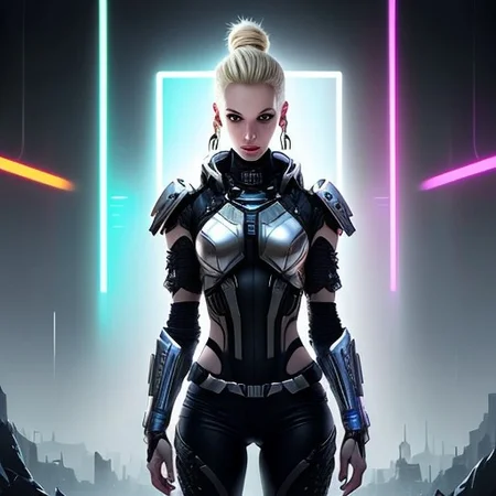 RAW photo, (masterpiece:1.3), subsurface scattering, heavy shadow, (high quality:1.4), (intricate, high detail:1.2), professional photography, HDR, High Dynamic Range, realistic, ultra realistic, photorealistic, high resolution, film photography, ambient lighting, atmospheric effects, OverallDetail:1.3,  1girl, symmetrical hair, armored shoulders, white armored bodysuit, black pants, blonde hair, long jacket, cyberpunk, cychar, earrings, eyelashes, hand on hip, holster, jacket, jewelry, lips, long hair, medium breasts, neon lights, silver eyes, outdoors, silver nails, ponytail science fiction, solo, tassel earrings, epiCPhoto