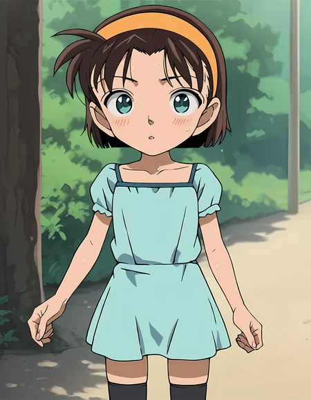 score_9, score_8_up, score_7_up, score_6_up, score_5_up, score_4_up, source_anime, <lora:AyumiY_T1V1:0.90>,
1girl, solo, flat color, anime screencap,
AyumiY_T1V1, female child, chibi, brown hair, short hair, aqua eyes, orange hairband,
blue dress, puffy short sleeves, short dress, collarbone, black thighhighs, zettai ryouiki, 
standing, arms at sides, 
looking at viewer, blush, parted lips, steaming body, sweat, 
cowboy shot, outdoors,