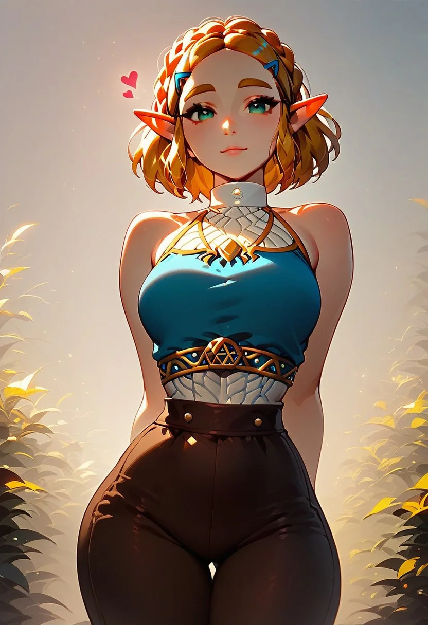 score_9, score_8_up, score_7_up, score_6_up, score_5_up, 1girl, solo, princess Zelda (breath of the wild), semi realistic, short hair, midriff, sleeveless, bare shoulders, slim waist, cute round face, brown pants, looking at viewer, facing viewer, lots of hearts, seductive eyes, hands behind back, wide hips, clean intricate art, fine detail, elegant, standing, low angle, outdoors, hyrule kingdom