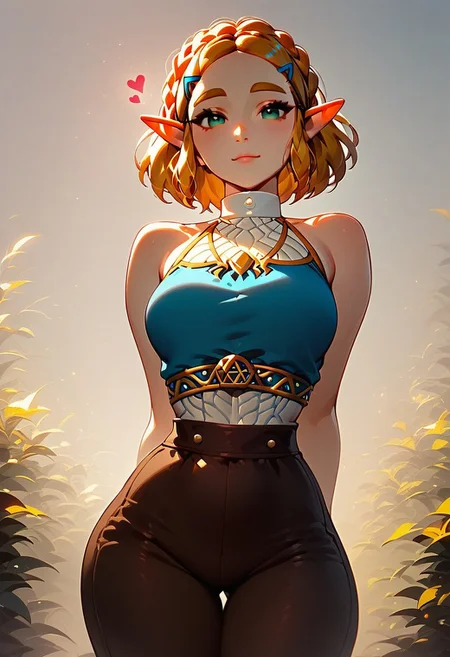 score_9, score_8_up, score_7_up, score_6_up, score_5_up, 1girl, solo, princess Zelda (breath of the wild), semi realistic, short hair, midriff, sleeveless, bare shoulders, slim waist, cute round face, brown pants, looking at viewer, facing viewer, lots of hearts, seductive eyes, hands behind back, wide hips, clean intricate art, fine detail, elegant, standing, low angle, outdoors, hyrule kingdom