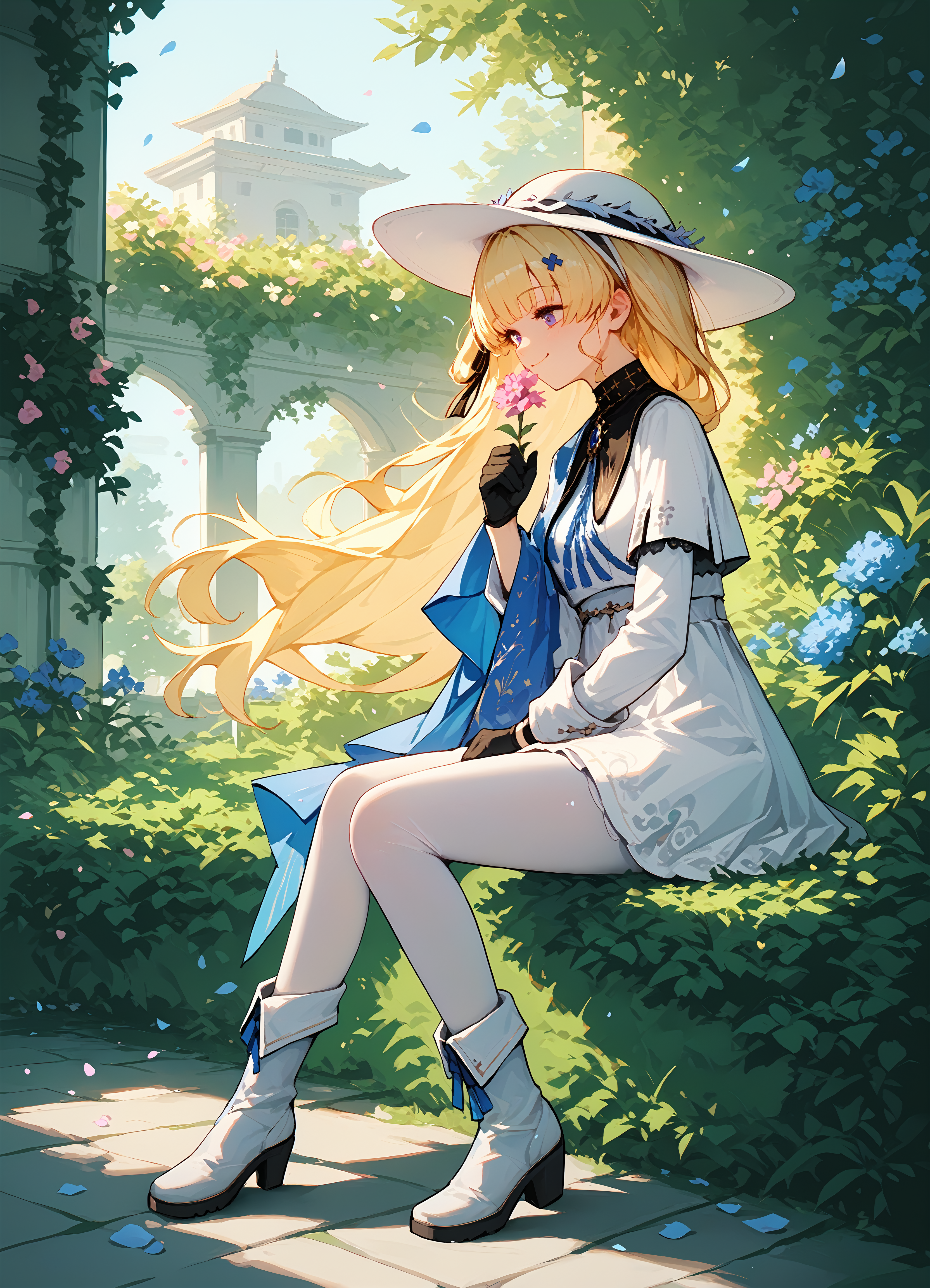 (score_9, score_8_up, score_7_up), 1girl, phoebe, white hat, black gloves, white pantyhose, white boots, sitting, petals, garden, smile, from side, smelling flower, <lora:phoebe-wwPO-v1:0.9>