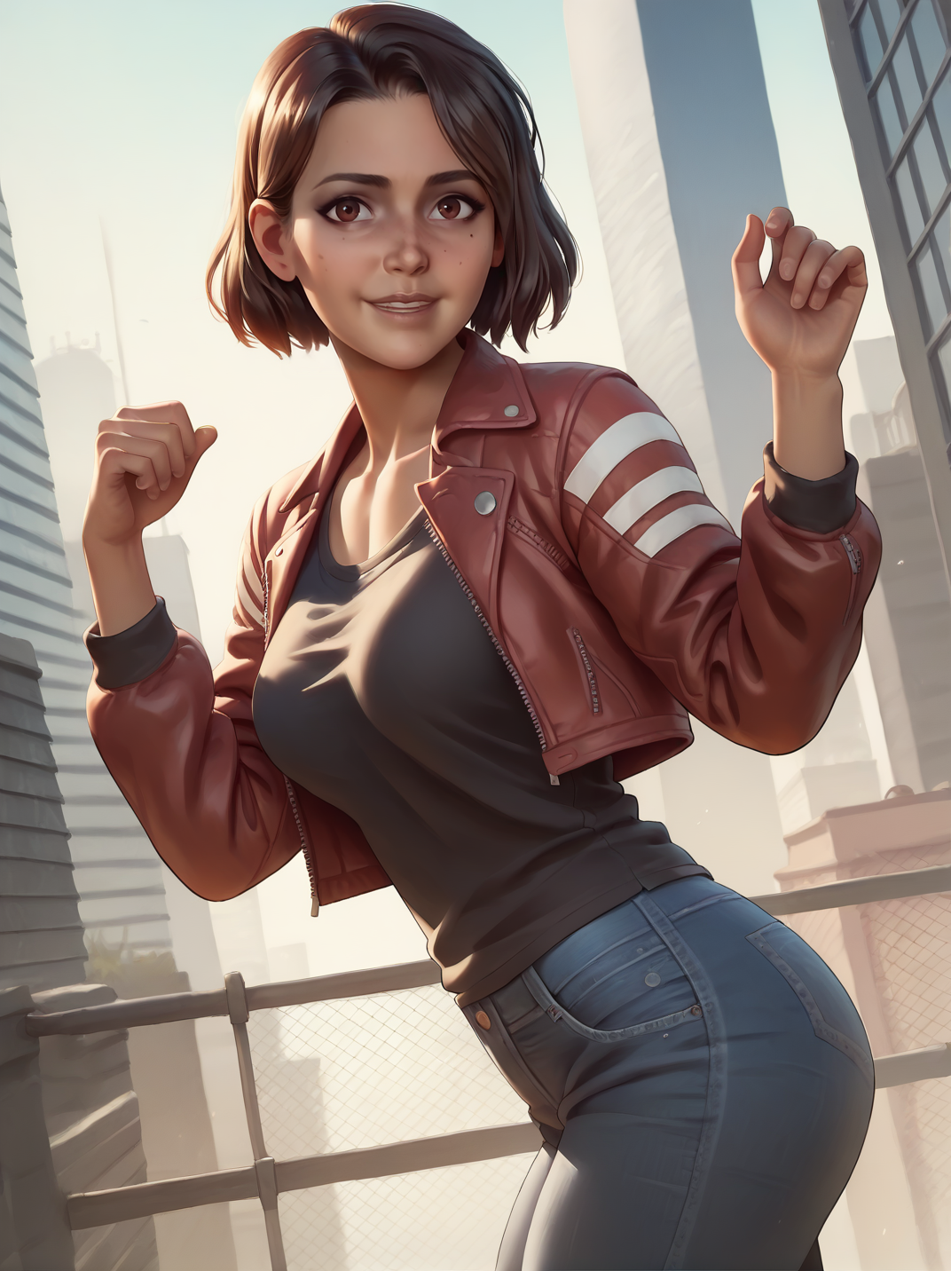 score_9, score_8_up, score_7_up,,
1girl, solo, dynamic pose, dynamic angle, hands up, outdoors, light smile, cowboy shot, dutch angle, medium breasts, from side, sexy pose, looking at viewer, city, leaning forward, 
<lora:AMioSplitFiction_character:1>, short hair, brown hair, brown eyes, red open jacket, black shirt, denim pants, <lora:Bonifasco_PonyXL_v1:0.6>