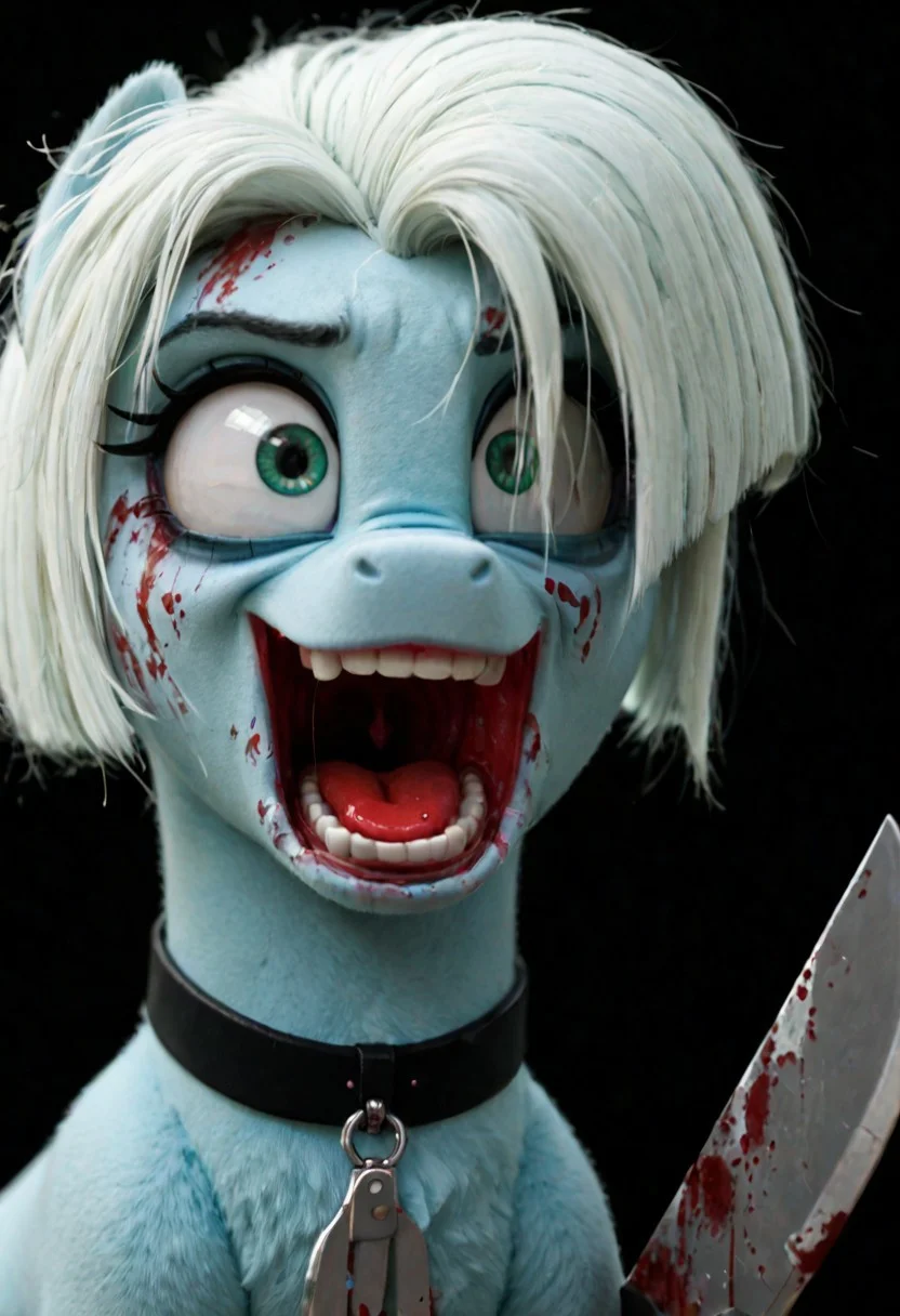 score_9, score_8_up, toony, Tracy Cage, mlp, pony, cyan fur, green eyes, white hair, short hair, collar, knives in the background, cagemark, bloody, yandere, open mouth, crazy face, black background