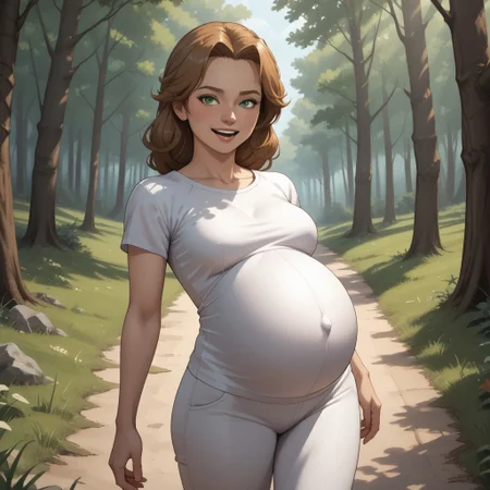 score_9, score_8, BREAK, solo, wii, mii, wii sports resort, 1girl, female mii, tree shaped nose, green eyes, light brown hair, open mouth, teeth, blush, white clothing, white pants, sandals, cute, nintendo mii, modern_mii, classic_mii, breasts, Ursula_(\Wii_Sports_Resort\), adult female, mature female, breasts, (((pregnant))), sexy pose, self portrait, smile, outdoors, sunlight, shadows, evening lighting, natural lighting, forest, trees, grass, orange sky, sunset