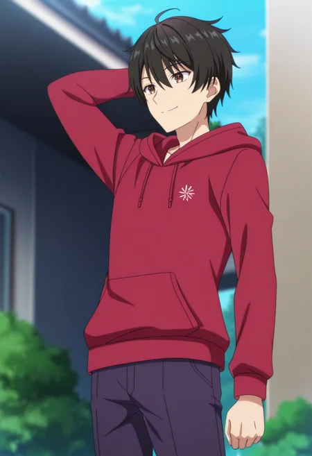 masterpiece, best quality, intricate details, anime screencap, very aesthetic, depth of field, anime coloring , , , 1boy, solo, male focus, <lora:Yuu_Natsume:0.85> ,yuu natsume, black hair, short hair, brown eyes, hood, red hoodie, pants, pose, smile, outdoors, from below