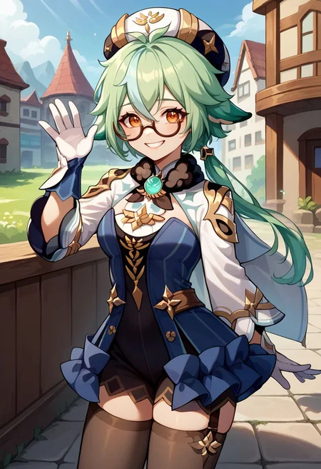 score_9, score_8_up, score_7_up, source_anime, 1girl, sucrosedef, orange eyes, green hair, multicolored hair, hair between eyes, long hair, ponytail, animal ears, glasses, semi-rimless eyewear, hat, beret, fur collar, vision (genshin impact), blue dress, gold trim, cape, long sleeves, white gloves, garter straps, black thighhighs, knee boots, white footwear, standing, smile, grin, looking at viewer, waving, outdoors, portrait, close-up, upper body, facing viewer, <lora:Sucrose_v1-000010:1>