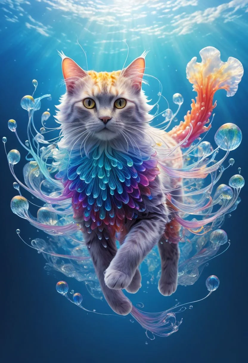 A captivating painting of a majestic cloud cat soaring gracefully through the sky. The cat's body is made of fluffy white clouds, with its eyes being two bright blue pools of water. Its tail is a swirling vortex of clouds, creating a sense of movement and power. The background features a vast, open sky with scattered clouds, evoking feelings of endless freedom and adventure. This high-resolution artwork is rendered in 4K, showcasing the cloud cat's every detail. A mesmerizing 3D render of a fantastical jellyfish-inspired creature is crafted meticulously from multi-colored glass. The vibrant rainbow hues of the glass shimmer and reflect light, creating a dazzling display. This delicate, translucent creature hovers gracefully in a world teeming with lush coral and a kaleidoscope of colors. Elements inspired by Tsutomu Nihei's drawings create unearthly, interconnected patterns that smoothly merge into a webbed network. Macro photography by Tsutomu Nihei and Mika Asai captures a complex world of color and rainbow dewdrops, with prisms emanating from water drops adding a mesmerizing visual effect to the scene.