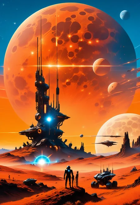 ((masterpiece, best quality)), high resolution, highly detailed, 32k picture,
scifi, perfect scifi, minimalist, cinematic, movie poster, warm colors, orange theme, tower, 1boy, standing, weapon, outdoors, sky, cloud, gun, moon, helmet, robot, ground vehicle, motor vehicle, sun, planet, spacecraft, hills, fog, blue sky,