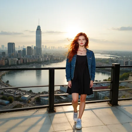 FiadhRose01,score_9,score_8_up,score_7_up,realistic,a fit red hair,green eyes,irish nationality,as a ((character from the tv show the boys)) with ((long hair)) wearing (excessive amount of jewellery),dressed in denim jacket,black dress,white sneakers,blue backpack,urban skyline,water reflections,soft lighting,distant buildings,one leg extended,leaning back,direct gaze,close-up shot,angled perspective,off-center framing,fashion photography,popping colors,popart style,intricate and low contrast detailed,elegant pose,Use a backlighting effect to add depth to the image. impressionistic painting style,john singer sarget,blue pallette,(neutral colors:1.2),art,(hdr:1.5),(muted colors:1.1),(pastel:0.2),hyperdetailed   ,