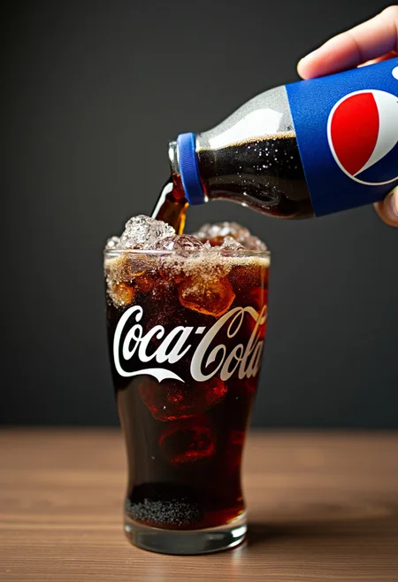 "A close-up shot of a Pepsi cola bottle tilted as it pours its dark, fizzy liquid into a glass branded with the Coca-Cola logo. The carbonated drink fizzes and bubbles up, with the foam rising to the rim of the glass. The contrast between the Pepsi bottle and the Coca-Cola glass creates a playful and slightly provocative image. The background is slightly blurred, focusing attention on the glass and the interaction between the two iconic brands. The lighting highlights the glass, making the logos and the effervescent liquid stand out, creating a striking and visually engaging scene."