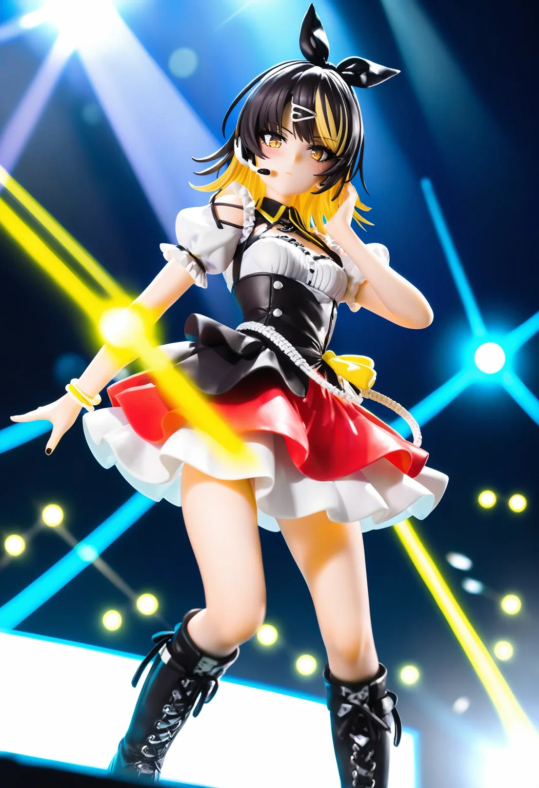 l_ikaruga, score_9, score_8_up, best quality,
1girl, solo, blonde hair, multicolored hair, black hair, yellow eyes, black nails, looking at viewer, bangs, medium hair, two-tone hair, streaked hair, hairclip, hair ribbon, yellow eyes, small breasts, blush, expressionless
sweat drop, yellow glowstick, yellow lights, bare arms, multicolored dress, boots, concert, detached sleeves, dress, idol, idol clothes, indoors, posing on stage, puffy detached sleeves, puffy short sleeves, puffy sleeves, short sleeves, solo focus, spotlight, idol concert, looking at viewer, headset, colorfull stage, stage lights, pillar, neon
<lora:l_ikarugaXL_pony:1>
