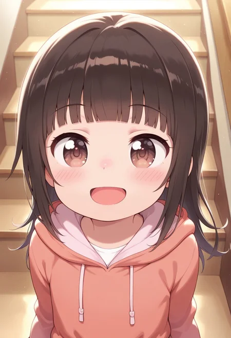 masterpiece,best quality,amazing quality, matsumoto yuuna, dark brown hair, long hair, child, brown eyes, 1girl, solo, open mouth, smile, blush, :d, stairs, upper body, short hair, hood, long sleeves, blunt bangs