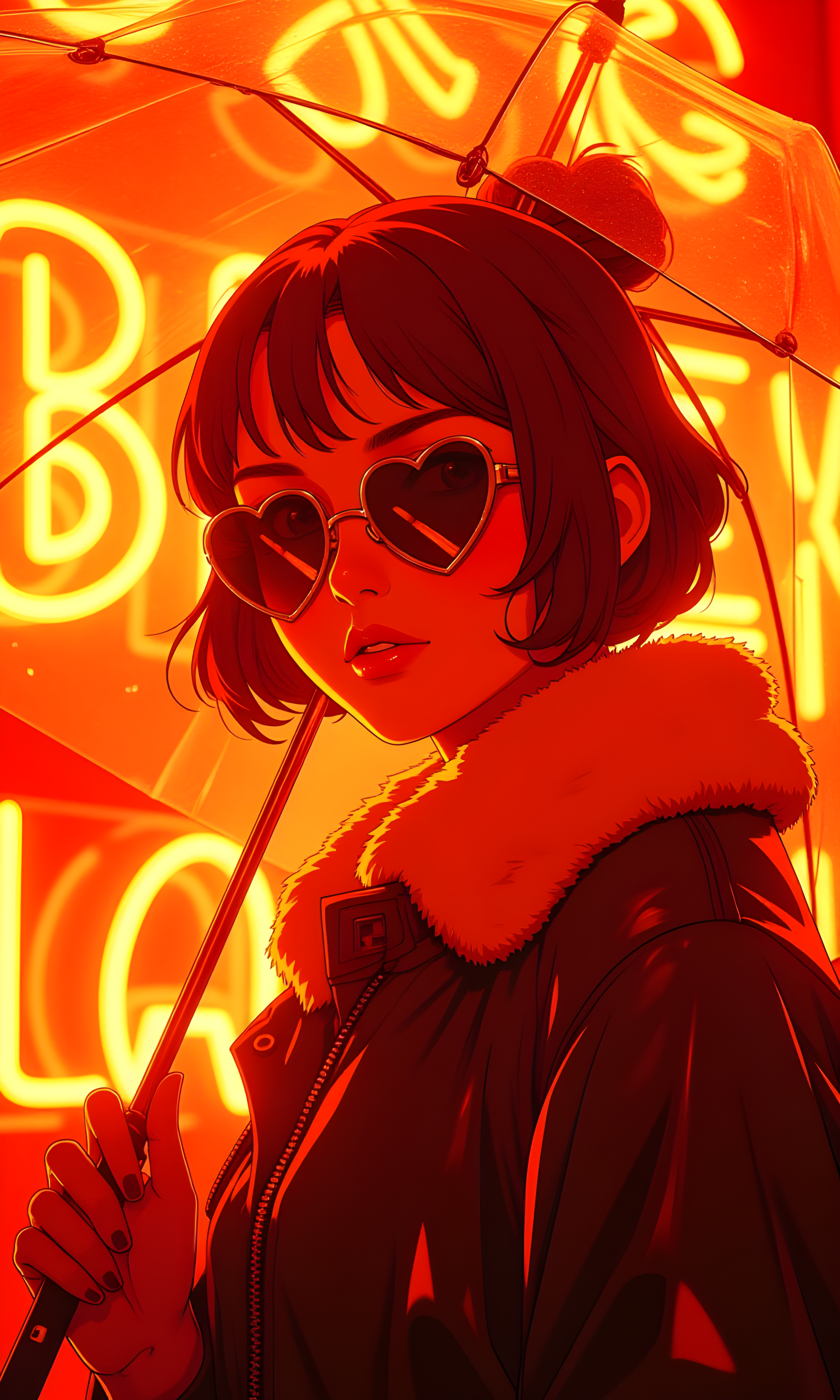 A striking and atmospheric scene featuring a woman holding an umbrella. The lighting is warm and intense, with a strong orange hue that dominates the entire frame. The woman is wearing heart-shaped sunglasses, which add a playful and stylish element to her look.
She has her hair styled in a neat bun, and she is dressed in a cozy-looking jacket with a fur-lined collar. The umbrella she is holding is transparent, allowing the vibrant neon lights in the background to shine through and create a glowing effect. The neon lights appear to be part of a sign or display, adding to the urban and modern feel of the image.
The overall mood of the photograph is one of mystery and intrigue, with the warm lighting and the woman's confident pose creating a sense of depth and character. The combination of the neon lights, the umbrella, and the woman's outfit makes for a visually compelling and memorable image.
BREAK anime, d13s3lp2nk, bboil artist style, OBdonman, <lora:FLUX\Synesthesia:0.2>, <lora:FLUX\RetroAnimeS1.1:0.4>, <lora:FLUX\Flux-jijia:0.1>, <lora:FLUX\It's a LoRA for portraits, BUT! actually specialized in backgrounds. v1.0:0.1>, <lora:FLUX\GLSHS:0.2>, <lora:FLUX\Dieselpunk Delight - s0_9 g4:0.4>, <lora:FLUX\OBdonman, anime0style portrait:0.1>