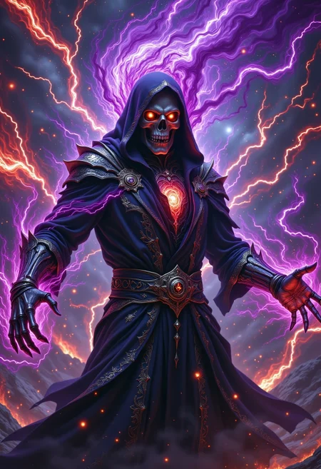 A cinematic close-up of an otherworldly warlock casting a cataclysmic shadow spell, radiating cosmic dread. Their robe is a living tapestry of gothic horror, woven with glowing silver and obsidian veins, its fabric shifting like liquid void. Sleeves writhe with skeletal hands wreathed in black lightning. Inky smoke explodes outward, forming a swirling vortex of shadow magic that fractures reality, revealing glimpses of burning galaxies and staring eyes. The background is a chaotic storm of shattered space, with dying stars and swirling nebulae collapsing into the spell’s pull. The warlock’s face is obscured by a floating mask of blackened bone and glowing runes, their eyes burning with violet and crimson supernovas. Ghostly whispers echo, forming glowing runes that disintegrate into ash. The atmosphere is thick with ozone and impending doom, a fusion of elegance, menace, and apocalyptic chaos