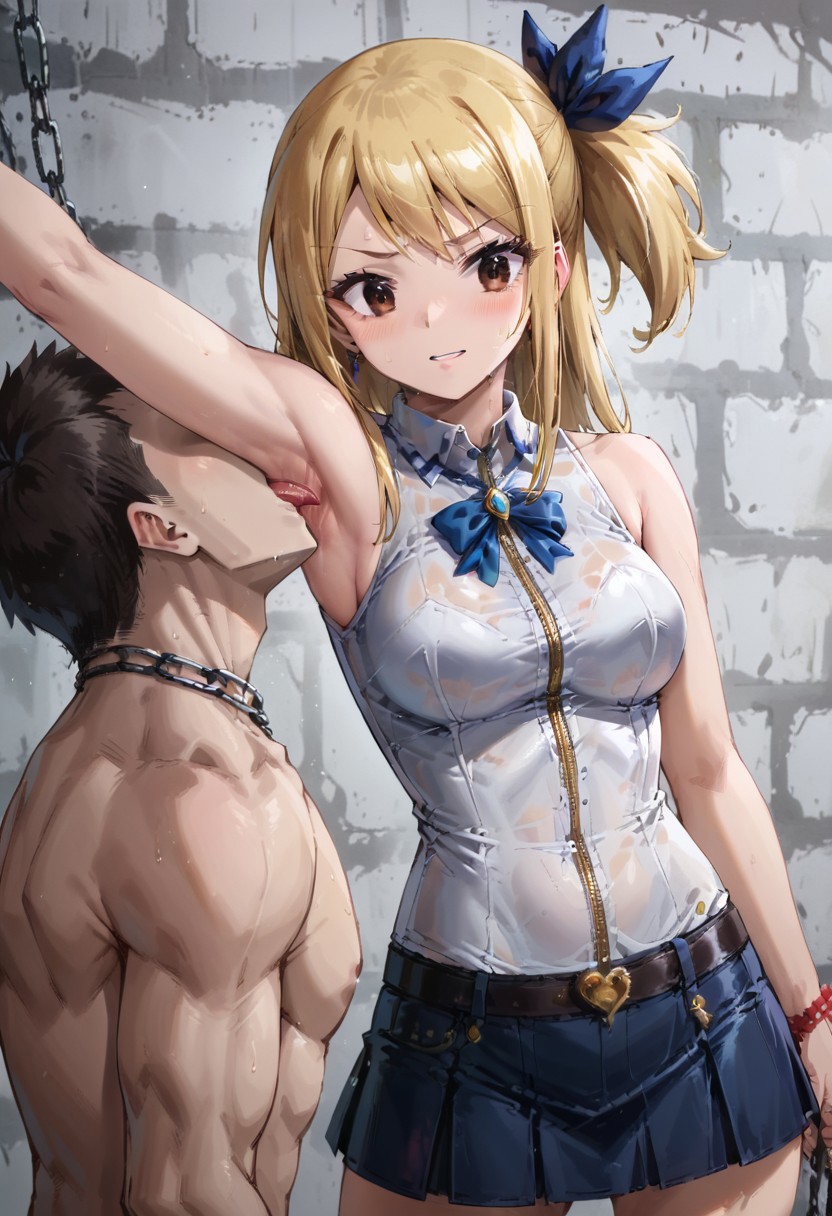 score_9,score_8_up,score_7_up,score_6_up,score_5_up,score_4_up,score_anime, 
best quality,absurdres,Cinematic Lighting, badpic, 1girl, 
lucy heartfilia, blonde hair, brown eyes, long hair, one side up, ribbon, hair ribbon, blue ribbon, skirt, shirt, bare shoulders, sleeveless, blue skirt, sleeveless shirt, white shirt, zipper, skinny, armpit licking, tall, face in armpit, shaved armpit, mistress, 1man, nude slave, prisoner, cfnm, femdom, knelt, submissive guy, ev1prncs