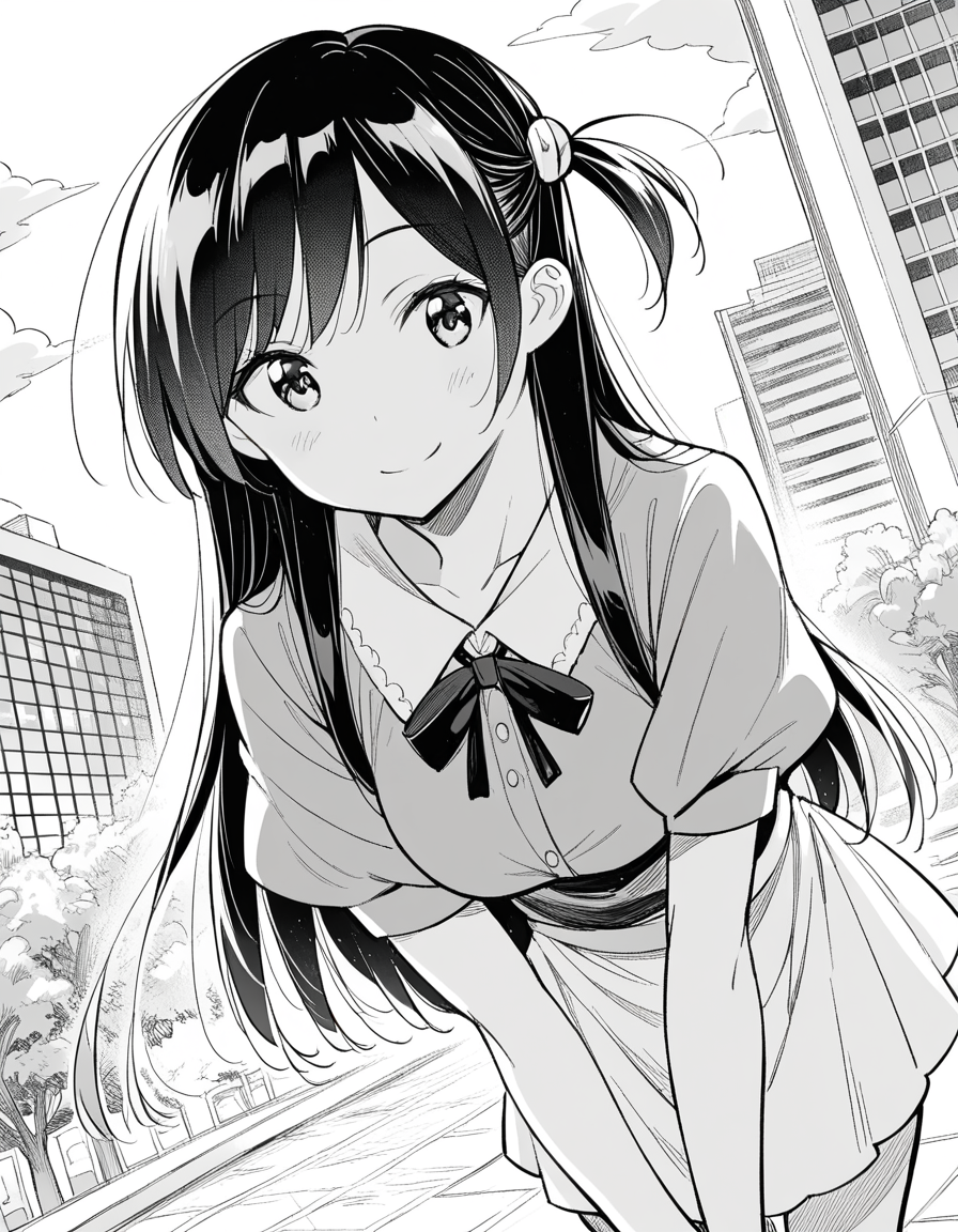 score_9, score_8_up, score_7_up, source_anime,
chizuruichinose, <lora:chizuru-ichinose-manga-ponyxl-lora-nochekaiser:1>,
chizuru ichinose, long hair, bangs, one side up, greyscale, monochrome,
skirt, shirt, short sleeves, puffy sleeves, puffy short sleeves, white skirt,
outdoors, cityscape, smile, bent over,
looking at viewer, dutch angle, cowboy shot, solo,