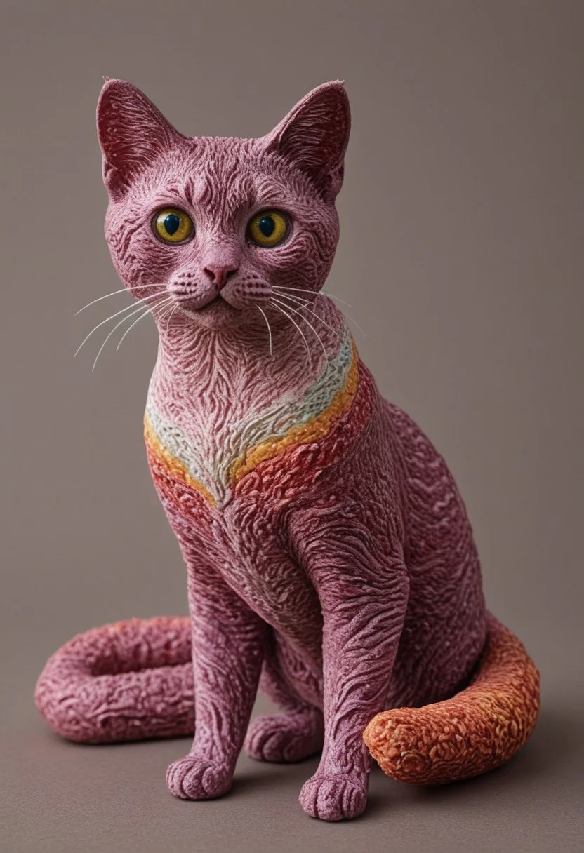 ((a cute chibby cat with big eyes made out of clay)), very detailed, 4k, sharp, eating rainbow wagyu meat made out of fractangles, novuschroma51 style, ((many meat bananas all over the place))