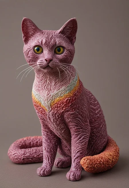 ((a cute chibby cat with big eyes made out of clay)), very detailed, 4k, sharp, eating rainbow wagyu meat made out of fractangles, novuschroma51 style, ((many meat bananas all over the place))