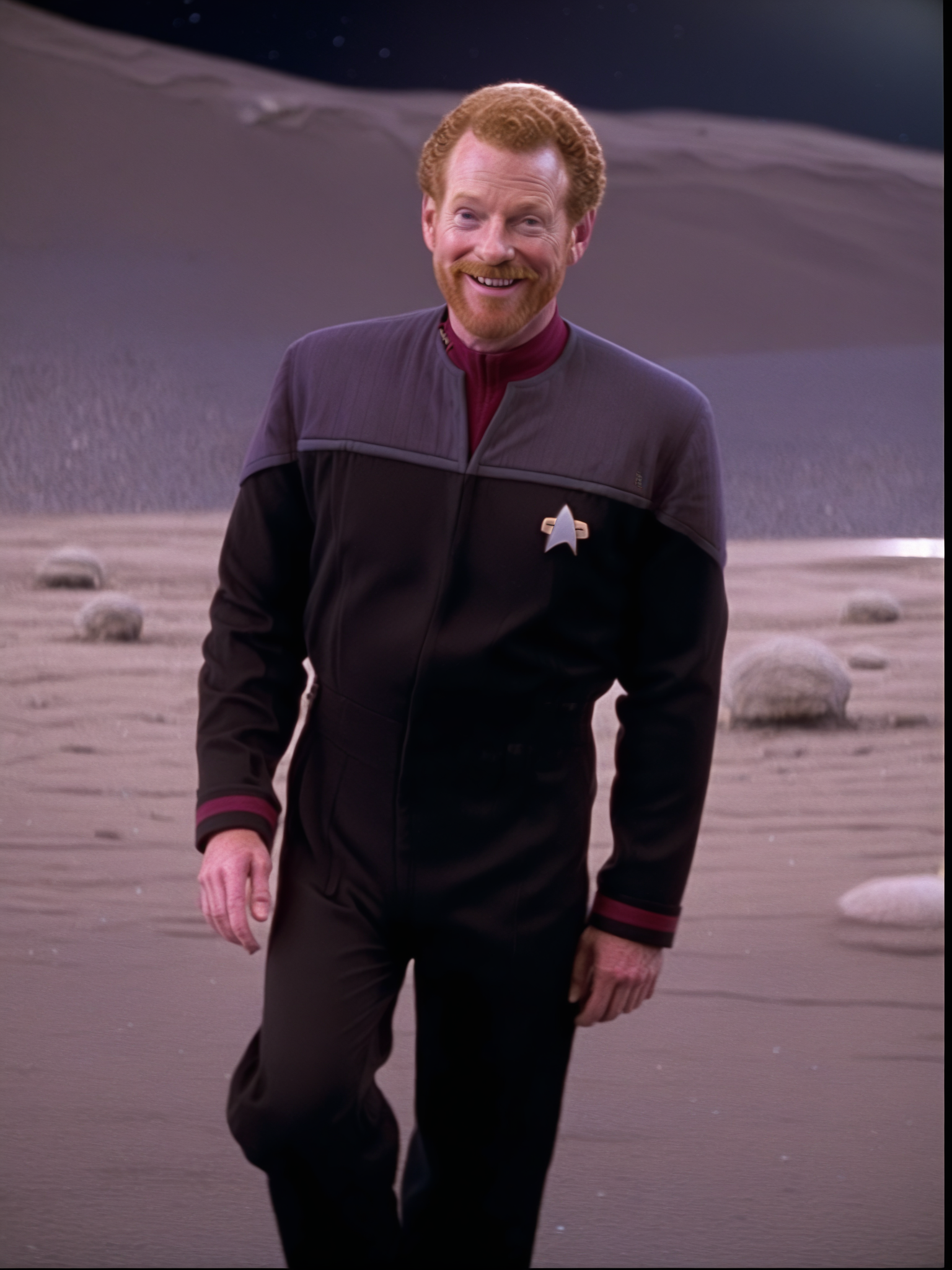 ginger man with a moustache in black and grey ds9st uniform,red collar,on the surface of the moon,smiling<lora:DS9XLV21_16-000004:0.8>