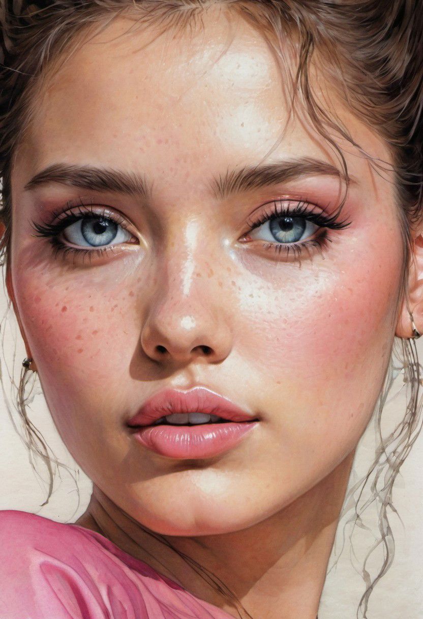 masterpiece, best quality,(color ink painting by Moebius, Katsuya Terada, ,Jeffrey Catherine Jones), Wonderful 18 year old girl, Top knot, young, black hair, blue eyes and beautiful prosperous breasts, ultra photorealistic, professional majestic portrait,  (illustration, watercolor sketch), (best quality), (intricate:1.2), (photorealistic:1.4),(detailed:1.2) ,((face focus)), ultra realistic face, smiling videly, ((closeup, portrait)), ((pink lipstick, eyeliner, eye shadow, blush):1.2), ((best quality, masterpiece, extreme details, high resolution):1.2),((detailed eyes, beautiful eyes, detailed face, beautiful face):1.2), professional majestic 8k uhd, soft lighting, high quality, sharp focus, High Detail