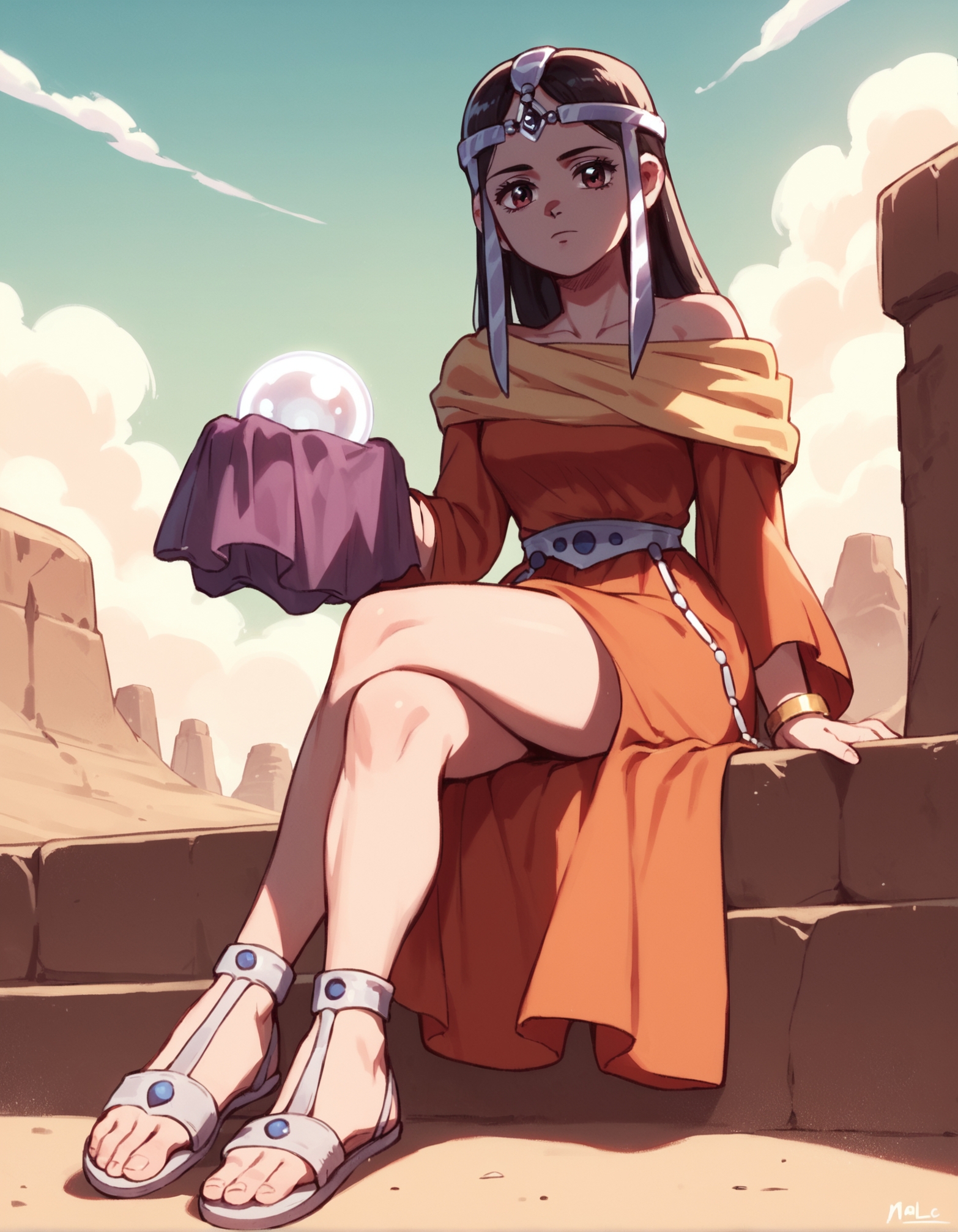 score_9, score_8_up, score_7_up,score_6_up,high resolution,mrl,1girl,full body,in a desert,dress,circlet,sandals,volumetric lighting,rim lighting,dof,dramatic shadow,looking at viewer,from below,crossed legs,crystal ball,sitting