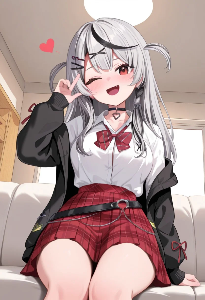 masterpiece, best quality, amazing quality, very aesthetic, high resolution, ultra-detailed, absurdres, newest, scenery, (cartoon), parody, sc1, sakamata chloe, virtual youtuber, solo, 1girl, grey hair, black hair, multicolored hair, streaked hair, long hair, bangs, red eyes, fang, hair ornament, x hair ornament, hairclip, shirt, white shirt, plaid skirt, skirt, plaid, red skirt, bowtie, collared shirt, black choker, long sleeves, belt, jacket, open jacket, bedroom, looking at viewer, sitting on couch, view from below, hand sign, wink, floating heart, cute, open mouth