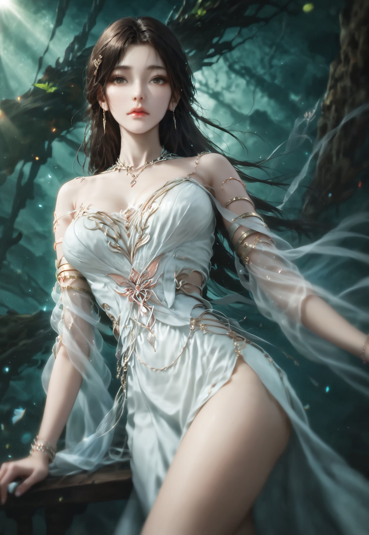 safe_pos, huolinger, dark brown long hair, white_dress, Aesthetic body, golden ratio body, long leg, thin waist, perfect butt, medium breasts, moaning, seductive face, wide view pov, (Ultra Realistic:1.0),32k,(Masterpiece:1.0),(High Detailed Skin:1.0),( High Quality:1.0), (Detailed Realistic Background:1.3), (Official Art, Beautiful and Aesthetic:1.2), (Realistic Lighting:1.0), (score_9, score_8_up, score_7_up, high detailed, high quality, masterpiece, no text, quality highlights, 8k detail, detailed background, source_anime, dynamic view, hentai, ultra-detailed, BREAK 1girl, (((solo))), female focus, expressiveh, (((warm skin))), (((dark brown hair))), (((large tie hair))), bangs, (light brown eyes), (big eyes), gorgeous girl, beautiful eyes, (ultra detailed face), (closed mouth), thick lips, ((incredibly sexy)), ((necklace)), (jewelry), (armlets), bracelets, big earrings, (medium breast), (big butt), (), (sexy thighs), (pelvic curtain), (focus on face), (eyes wide), (looking at viewer), sexy pose, (close-up), (upper body), focus on face, BREAK dark abstract background, sunlight,  (SkinHairDetail:0.95)