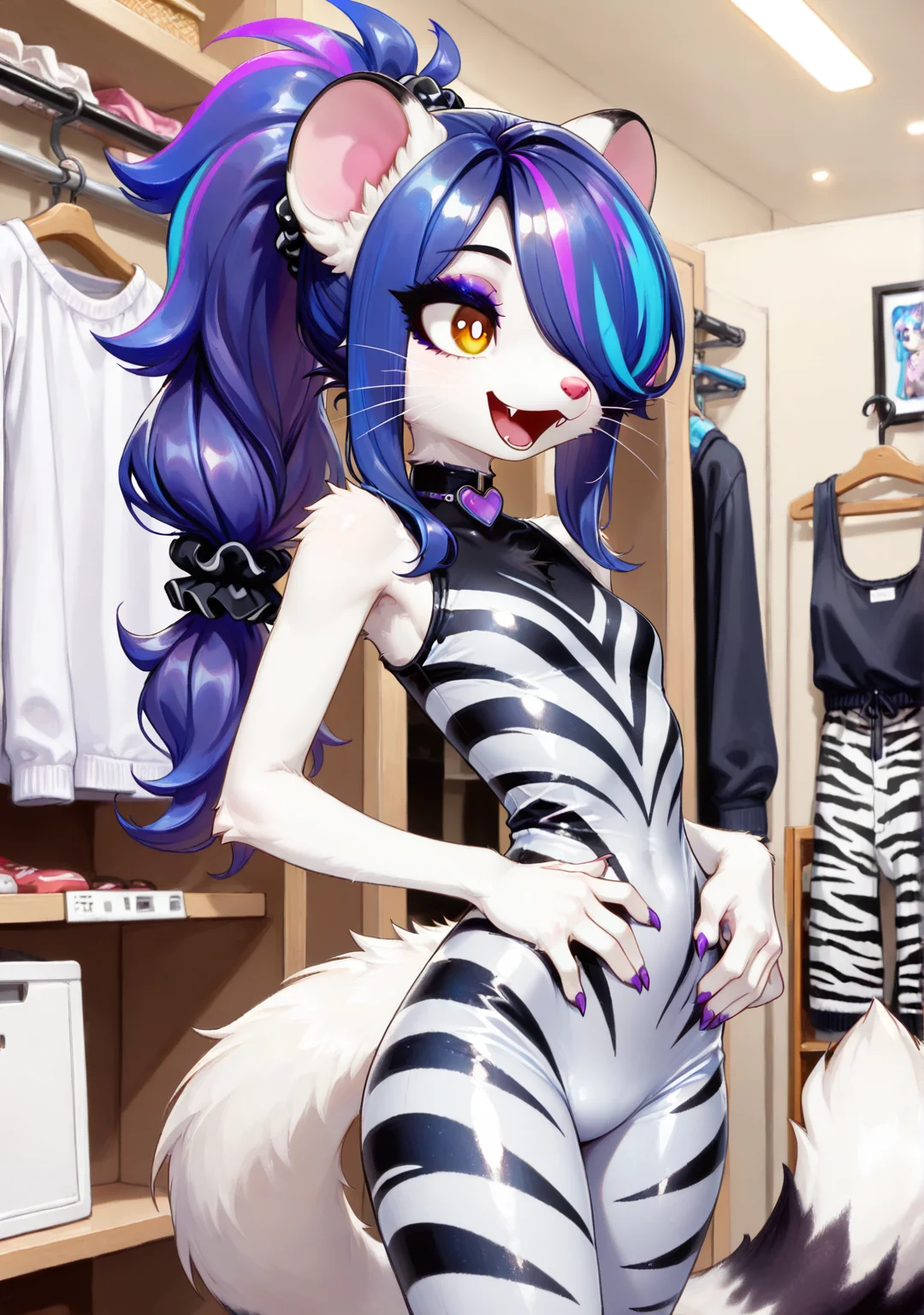 masterpiece,best quality,amazing quality, smari4, 1girl, solo, furry female, pink nose, whiskers, shiny hair, white fur, amber eyes, white pupils, eyeshadow, eyeliner, (long hair, swept hair, hair over one eye, blue hair, violet hair, streaked hair, cyan streaks, braided high ponytail, hair scrunchie, cyan scrunchie, violet streaks, highlights), white body fur, body fur, weasel tail, black ear tips, white tail, black tail tip, heart choker, paws, small claws, purple claws, skinny, narrow waist, :d, fangs,, hand on waist, zebra print bodysuit, sleeveless turtleneck, indoors, clothes rack, store