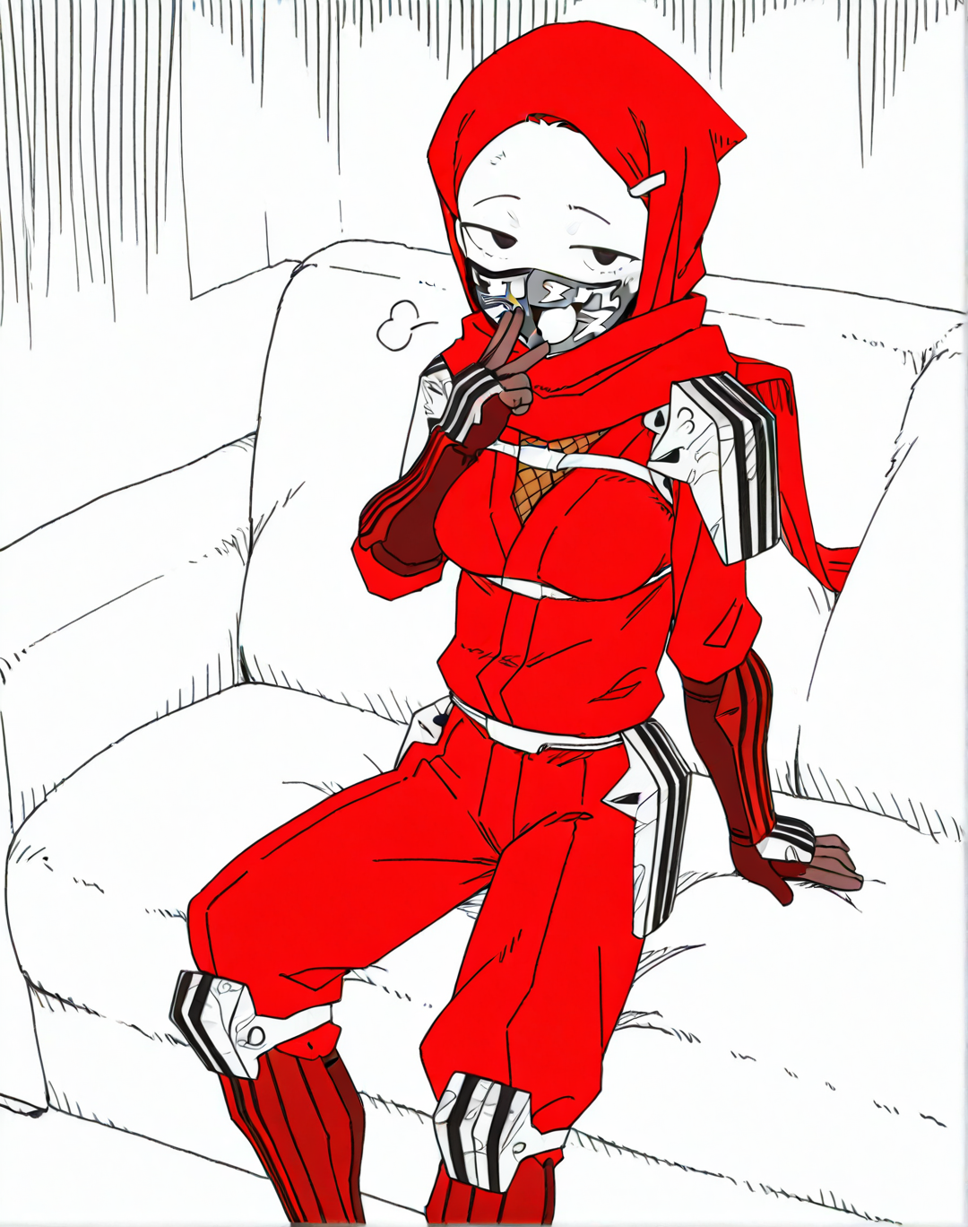 <lora:holidaygaki:1>1girl,  holidaygaki,v, fullbody,sitting,sofa,holding game,gently laugh,looking at viewer, hairpin,  ,masterpiece, best quality,,no sclera,shorts, shirts,Forehead  ,greyscale,comic,,middle breasts, <lora:akita_morgue:1> akita_morgue, <lora:Ninja_Slayer_ILXL:1> fujikido kenji, black eyes, long sleeves, ninja, ninja mask, menpoo, long scarf, red scarf, hood, red shirt, japanese armor, pauldrons, gloves, belt, red pants, knee boots, armored boots