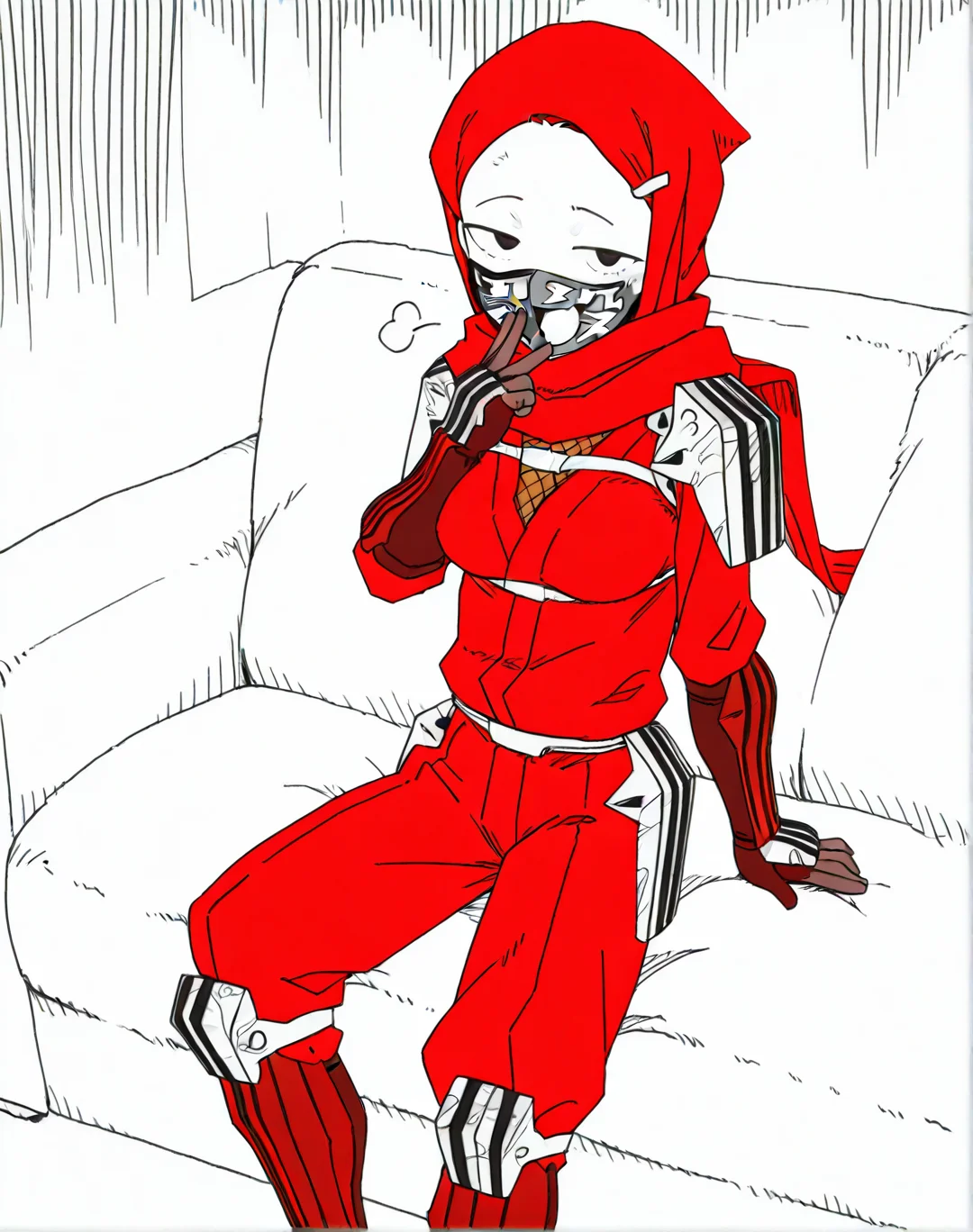 <lora:holidaygaki:1>1girl, holidaygaki,v, fullbody,sitting,sofa,holding game,gently laugh,looking at viewer, hairpin, ,masterpiece, best quality,,no sclera,shorts, shirts,Forehead ,greyscale,comic,,middle breasts, <lora:akita_morgue:1> akita_morgue, <lora:Ninja_Slayer_ILXL:1> fujikido kenji, black eyes, long sleeves, ninja, ninja mask, menpoo, long scarf, red scarf, hood, red shirt, japanese armor, pauldrons, gloves, belt, red pants, knee boots, armored boots