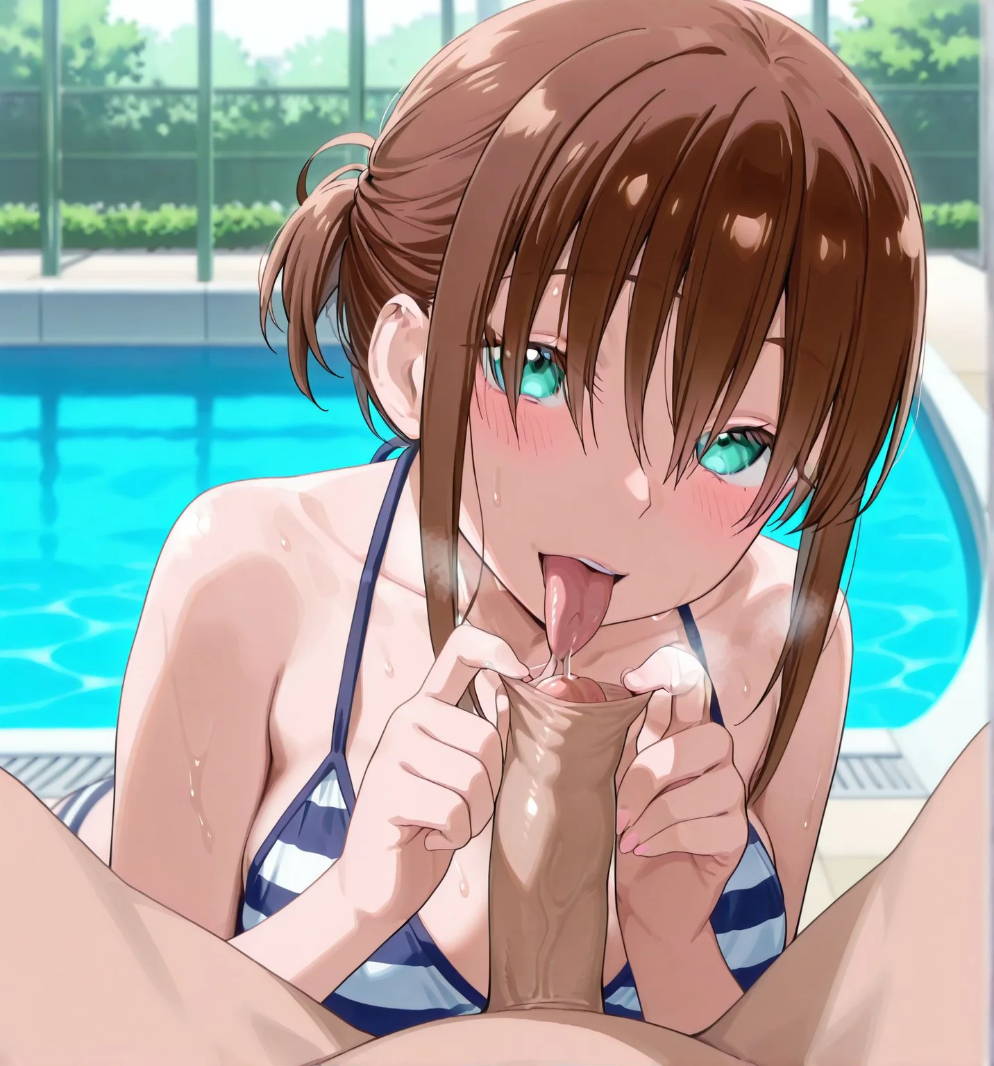 masterpiece,best quality,anime coloring,anime screenshot,
<lora:add-detail-xl:0.5>
<lora:Clean_the_Foreskin:0.7>Clean_the_Foreskin,pink glans,
1gril,1boy,uncircumcised penis, (pulling back foreskin), penis, 
licking the exposed glans, tongue on tip, oral interaction, pov penis,
(two hands pulling foreskin) ,foreskin ,foreskin pull, saliva trail, licking, cum, 
looking at viewer, steam, sweat, male public hair,precure, cum,pov, 
20YO,milf,
BREAK
outdoors,  sunlight,  getsuyoubi no tawawa, official art, 
poolside, dark ash brown hair, 
Maegami,   cleavage, swimsuit, bikini,   striped bikini, hair over eyes <lora:JN_Maegami_Illus:0.8>