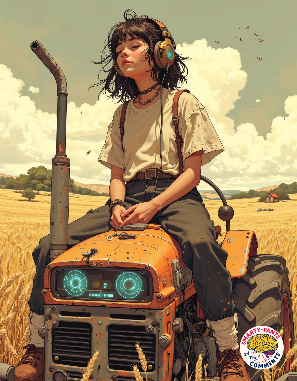 Anime style - A young girl sits on the bonnet of a retro-futuristic tractor, its design a mix of old-world sturdiness and sleek, neon-accented panels that hum faintly in the afternoon heat. The machine’s thick, dust-coated tires rest deep in the golden wheat fields, the scent of sun-warmed grain heavy in the air. She leans back, eyes closed, letting the warm breeze play through her hair as she listens to music on a chunky, cassette-style player with glowing magnetic reels that spin behind a transparent panel. Thick, braided cables snake from the device to her oversized headphones, the metallic casing scuffed from years of use. The distant hum of cicadas and the occasional creak of the tractor’s cooling vents blend into the lo-fi synth beats spilling from her player, creating a slow, dreamy afternoon where past and future blur together in the endless stretch of golden fields.